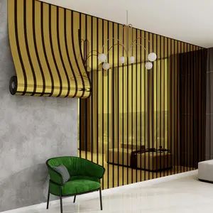 Luxury gold-foil grid striped self-adhesive wallpaper with a glossy metallic finish. Easy peel-and-stick, removable, and waterproof. Ideal for living room accent walls, kitchen surfaces, cabinets, furniture renovation, and bedroom décor