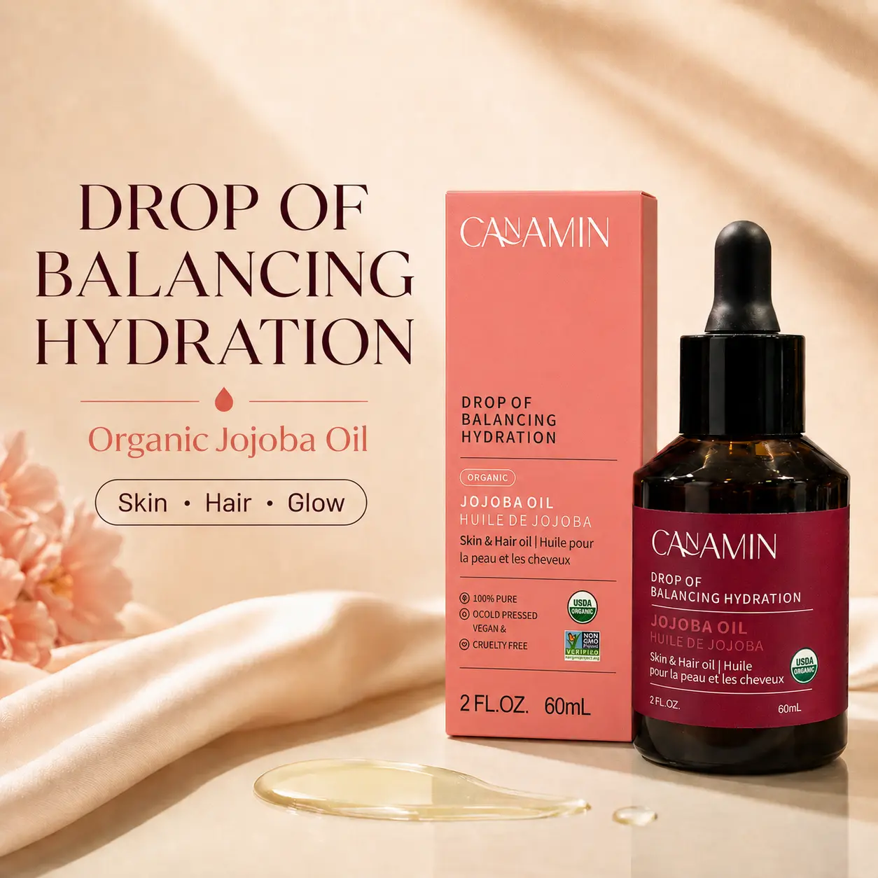 Organic Jojoba Oil for Face, Body & Hair, 100% Pure Cold-Pressed Multi-Use Moisturizing Oil for Dry Skin, Scalp & Hair Ends, Vegan & Cruelty-Free, 60ml