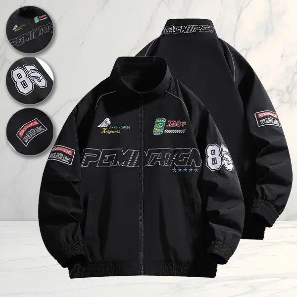 Racing-inspired trendy jacket with eye-catching number and letter embroidery; perfect for stylish young people to wear daily or attend trendy parties; features both American style and fashionable attributes Menswear Coats