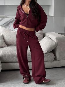 women's solid zip up crop hoodie & drawstring waist wide leg pants two-piece set, casual fashion drop shoulder long sleeve top & pocket trousers for daily outdoor wear, winter 2 piece sets, co-ord sets for women, women's clothing for spring and autumn