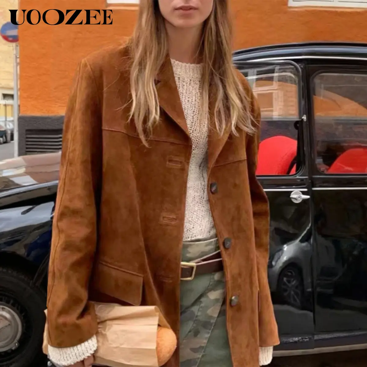 UOOZEE Women's Elegant Long-Sleeve Polyester Workwear Jacket - Autumn Winter Holiday Solid Brown Outerwear with Lapel Collar, Buttons, Pockets (Smaller Bust & Shoulder Fit; Check Size Guide or Order 1 Size Larger) for Chinese New Year, Valentine's Day, To