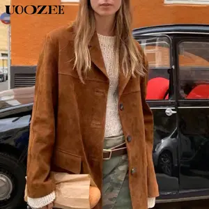 UOOZEE Women's New Autumn Winter Coat Lapel Collar Long Sleeves Buttoned Loose Fit Jackets Solid Brown Casual Blazer Coat Outerwears(Smaller Bust & Shoulder Fit - Check Size Guide or Order One Size Larger)