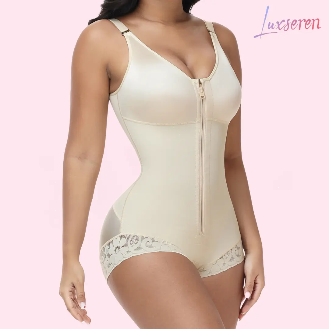 LUXSEREN Women's Basic Minimalist Style Hook Eye Faja Body Shaper Bodysuit - Adjustable Straps, Zippered Lace-Trimmed Waist Trainer, Tummy Control, Hip Compression, Breathable Fabric, Bottom Support, All-Season Slimming, Postpartum Recovery Fit