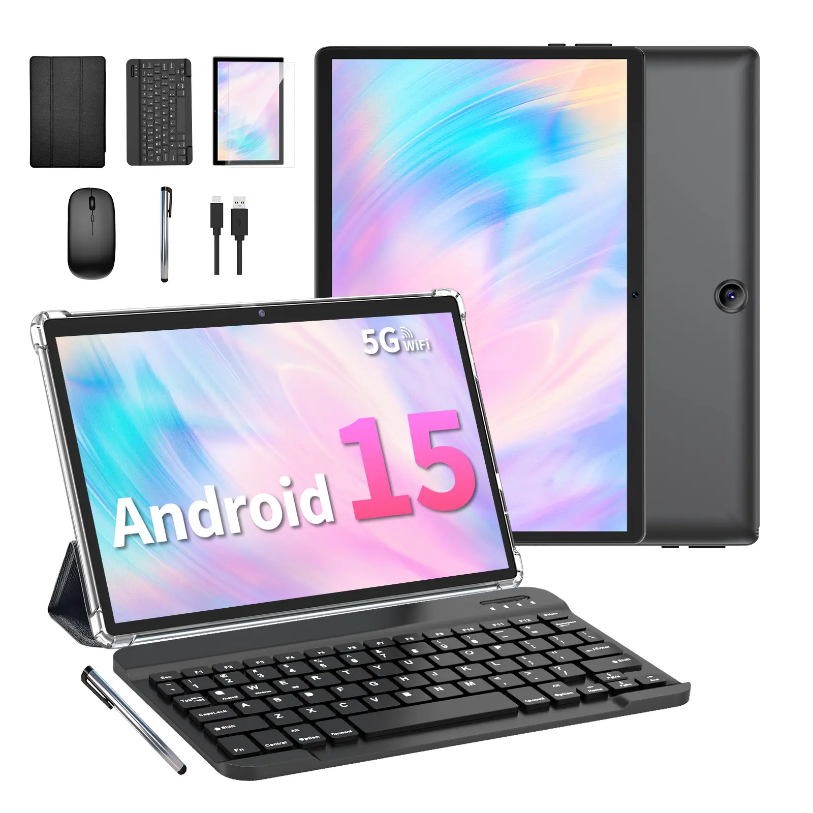 【SummerTurnUp】2026 Relndoo Back-to-school Gifts 10.1 inch Android 15, 2-in-1 Tablet Wireless Set with Keyboard, Mouse, Stylus, Case, 5G WiFi, Dual Camera, Gift bundle, Android Tablet, Touchscreen Tablet