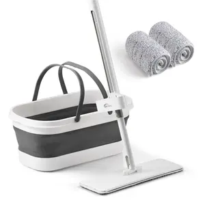 Oshang Flat Mop and Bucket OG7, Mops for Floor Cleaning with Scraping Blade, Portable Design, and Wheels for Easy Transport