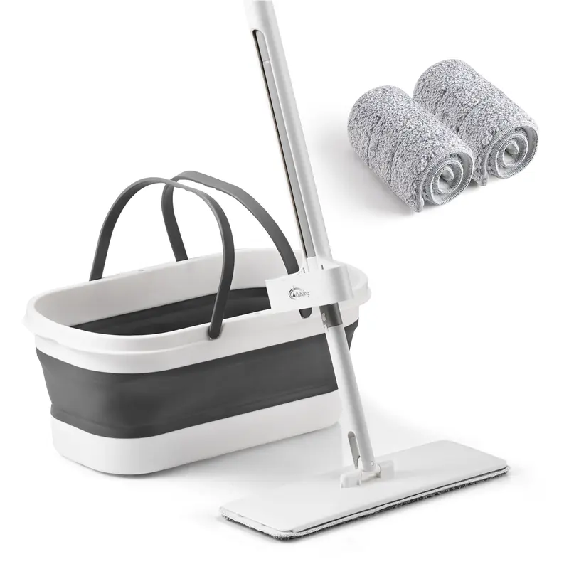 Oshang Flat Mop and Bucket OG7, Mops for Floor Cleaning with Scraping Blade, Portable Design, and Wheels for Easy Transport