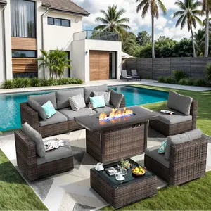 【3 packages shipping】8 Pieces Patio Furniture Sectional Sofa 50000 BTU Propane Gas Fire Pit Table,Outdoor PE Rattan Patio Conversation Set with Glass Coffee Tables and Cushions Lounge Modern