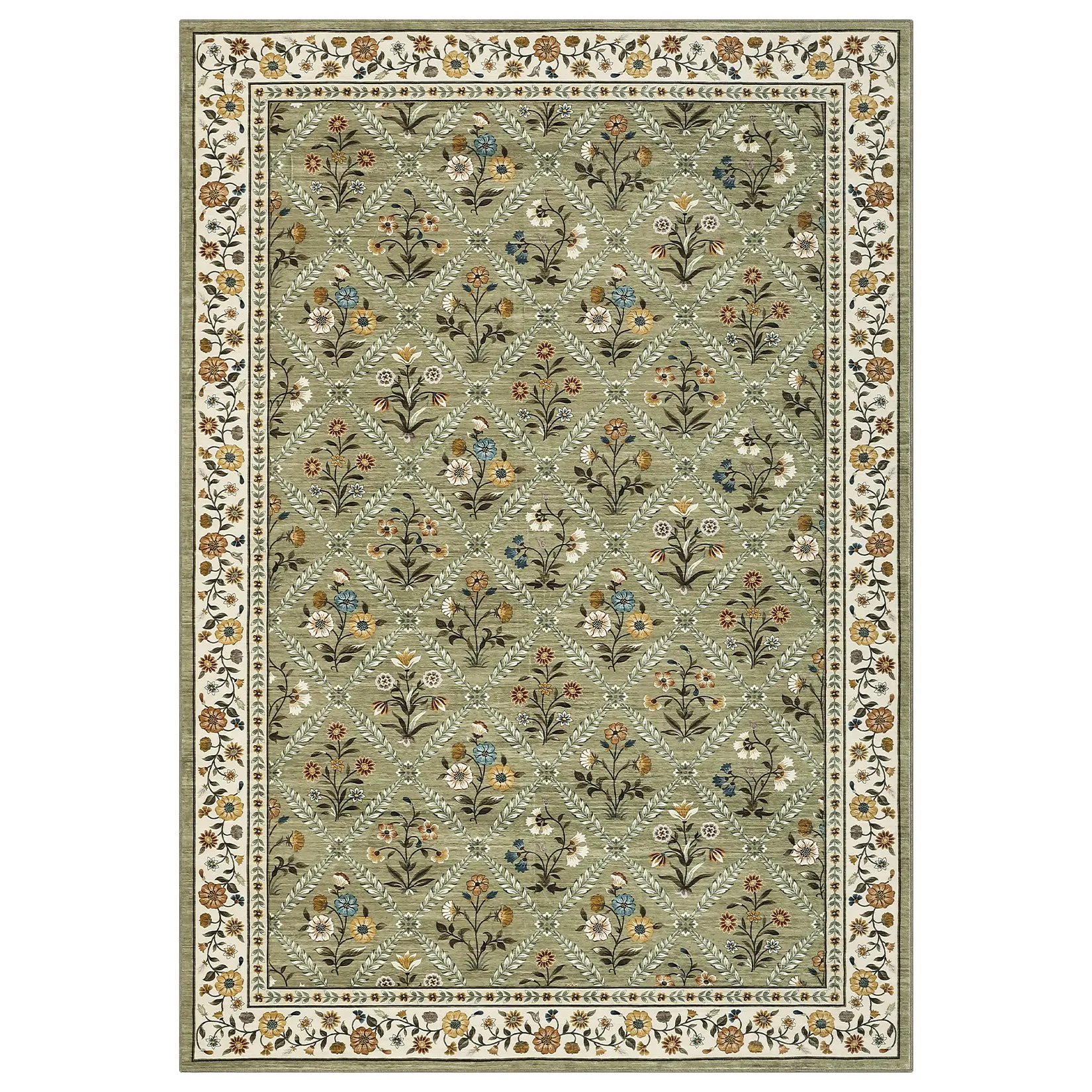 10x13 ft Rectangular Durable Polyester Cashmere Imitation Green Floral Print Modern Foldable Washable Household Decorative Area Rug for Hallway, Bathroom, Durable Area Rugs, Household Decorative Rug