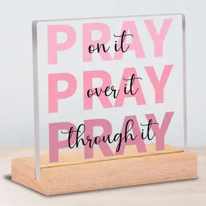 Acrylic Tabletop Decoration with Wooden Stand, 1 Count Pray Letter Pattern Desktop Ornament, Desktop Motivational Decoration for Home Office, Acrylic Plaque Sign