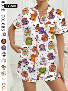 Women's Halloween Print Pajama Set, Casual Comfy Short Sleeve Top & Shorts Set, Ladies Sleepwear for All Seasons, Pajamas Sleepwear, Loungewear