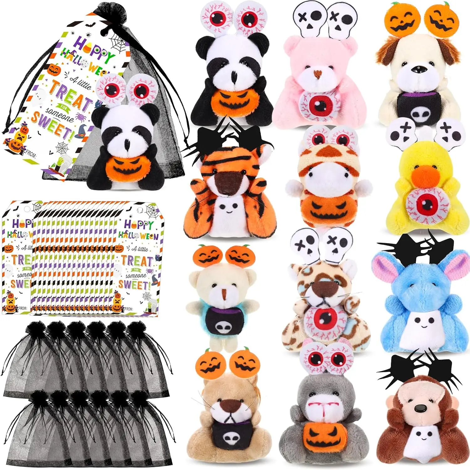 36 Pcs Halloween Mini Plush Toys Bulk, Small Stuffed Animals with Organza Bags and Gift Cards, Goodie Bag Stuffers, Classroom Prizes, Exchange Gifts and Party Decorations
