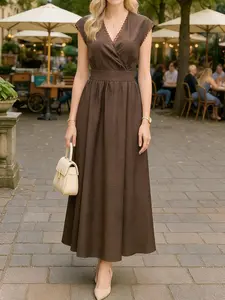French Vintage Deep Tea Dress, Lace V Neck Short Sleeve, Waist Cinched, Large Skirt Hem, Atmosphere Full Feminine Casual Wear Women's Dress