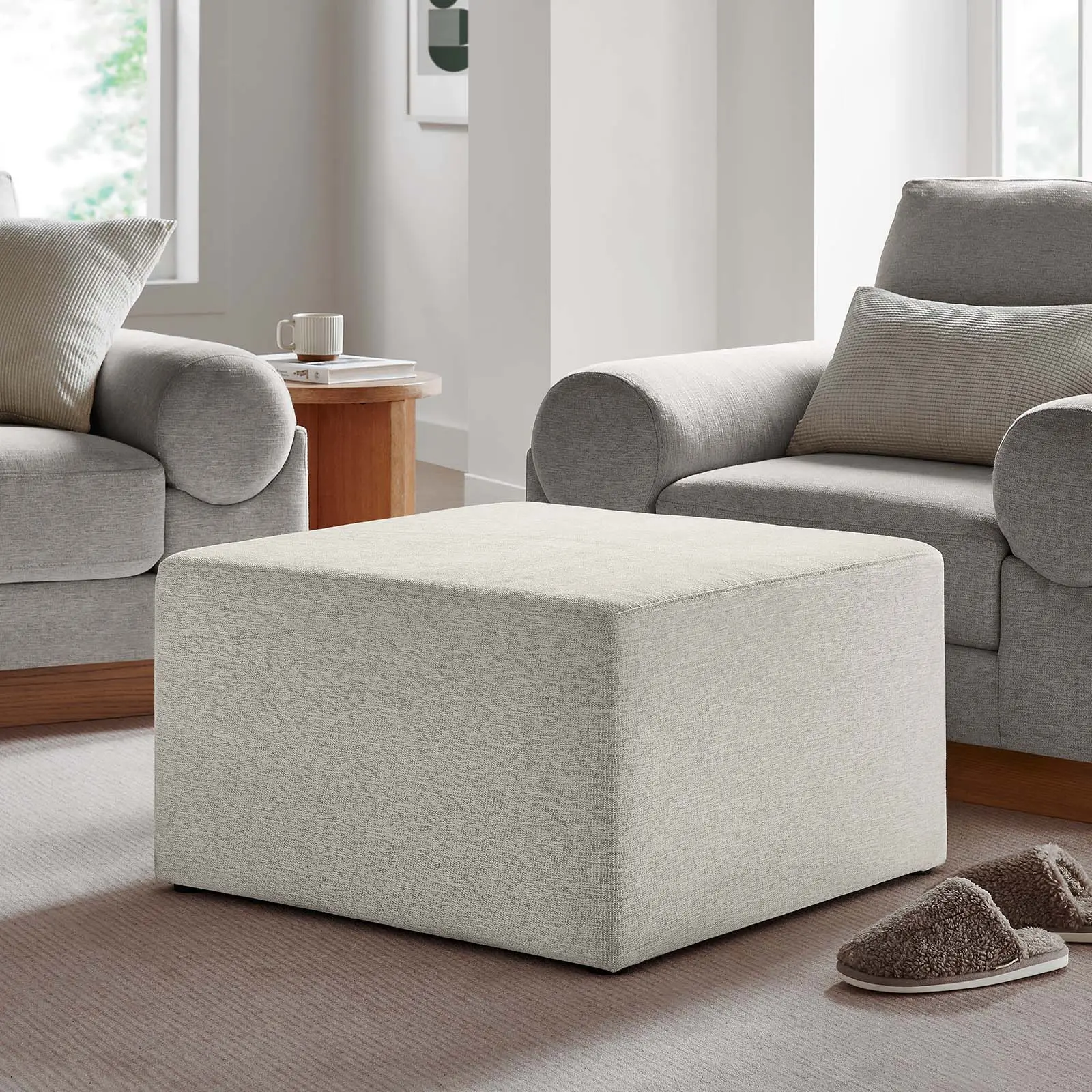Modway Callum Furniture Ottoman, 28" Square Large Living Room Furniture, Woven Heathered Fabric Upholstered Ottoman in Ivory Heathered Weave