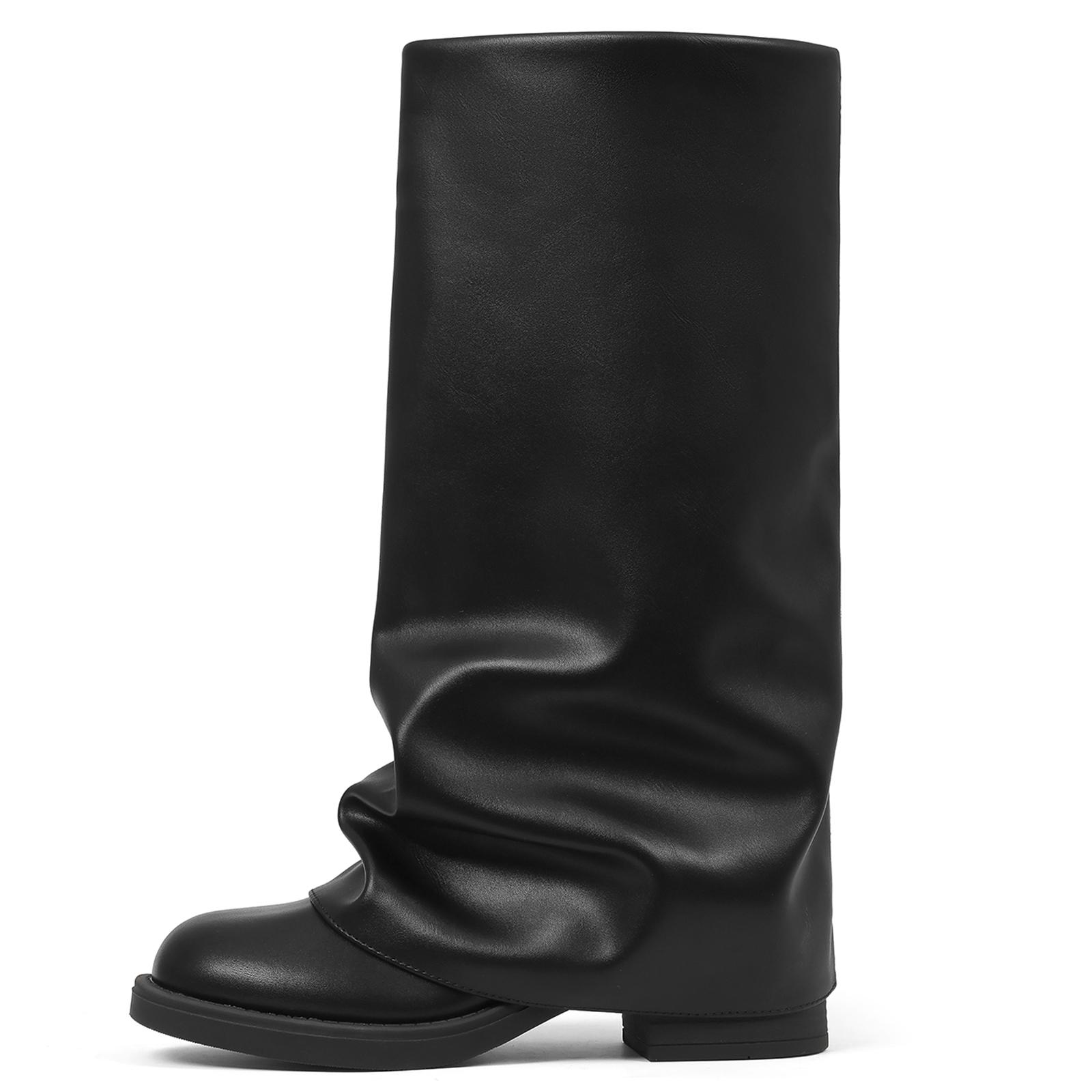 EROCALL Women's Goth Platform Riding Boots Pull On Buckle Boots Fold Over Tall Knee High Boots  Slouchy Fold Over Motorcycle Riding Boots With Buckle Women's Wide Mid Calf Casual Comfortable Moto Biker Boots