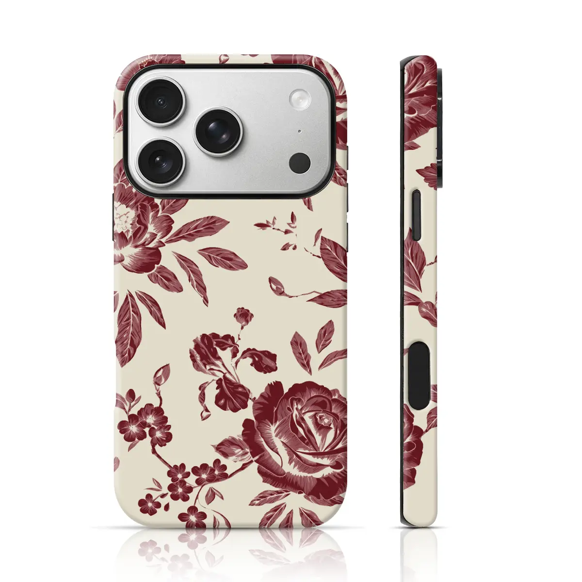 Burgundy Vintage Floral 2-in-1 Smartphone Case, Cellphone Accessory for iPhone 17/16/15 Pro Max, 15/14/13/12 & Samsung S26/S25 Ultra, Handheld Devices Cover, Gift for Friends