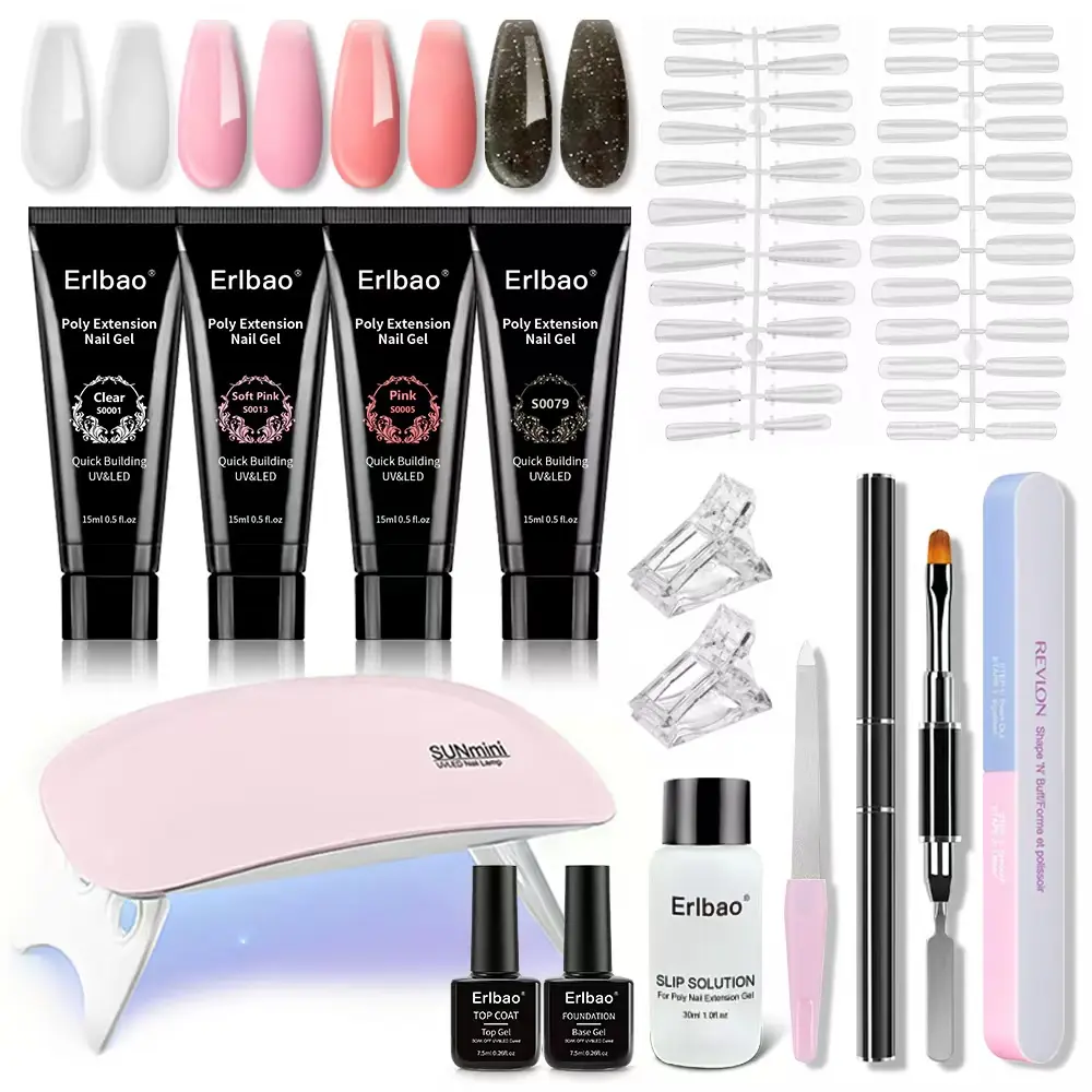 Erlbao Poly Gel Nail Extension Kit On Nail swith UV LED Lamp, Clear/Pink/Glitter Shades, Complete DIY Manicure Set for Salon-Quality Nails at Home, Quick Building & Long-Lasting Results transferable art decoration casual daily wear