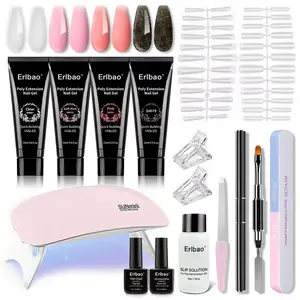 Erlbao Poly Gel Nail Extension Kit On Nail swith UV LED Lamp, Clear/Pink/Glitter Shades, Nail Tips, Slip Solution, Base & Top Coat, Brushes, File – Complete DIY Manicure Set for Salon-Quality Nails at Home, Quick Building & Long-Lasting Results