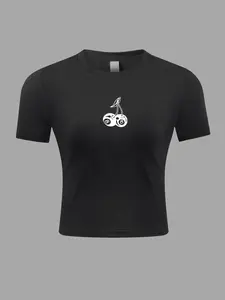 Women’s Cherry & Bicycle Print Baby Tee | Round Neck Crop Sports T-Shirt | Quick Dry Breathable Athletic Top