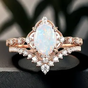 Elegant Oval Synthetic Opal & Cubic Zirconia His & Hers Wedding Ring Set - Lace Crown Design for Engagement, Bridal Jewelry & Valentine's Day Promise Gift