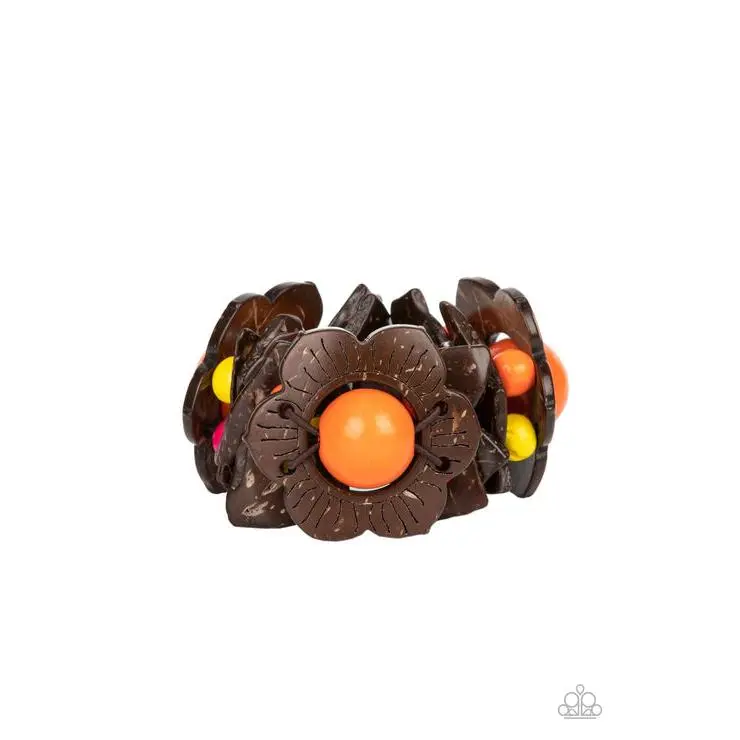 Mediterranean Mangrove Multi Bracelet, Stretch Band, Double Layer Wood & Beads Design, Flower Motif, Whimsical Look Costume Jewelry Accessory