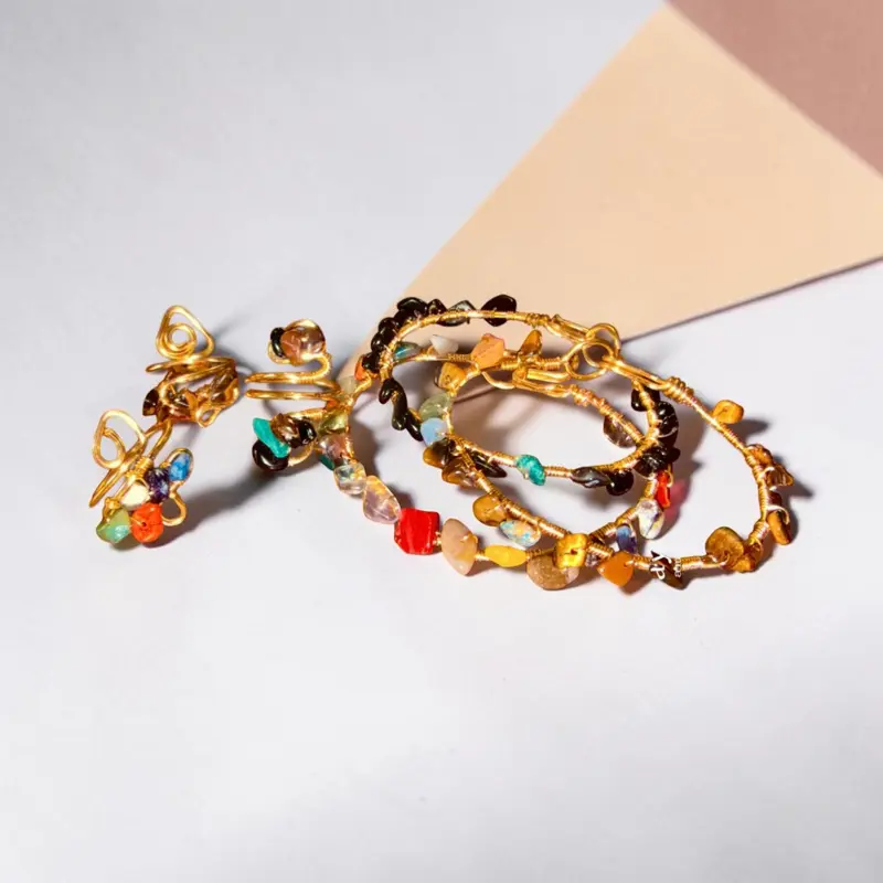 Three Wire Wrapped Bangles with Assorted Crystals and Matching Adjustable Ring Set for Stylish Jewelry