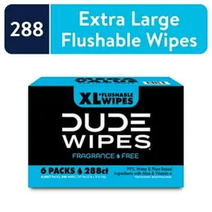 DUDE Wipes Unscented XL Flushable Wipes, 6 Flip-Top Packs Case, 48 Wipes per Pack, 288 Total Wipes