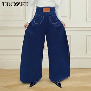UOOZEE Women's Autumn Winter Wide Leg Elasticity Pockets Jeans, Vintage Blue Jeans New Stylish Officewear Leather Patch Slanted Pocket Back Waist Zipper Baggy Denim Pants
