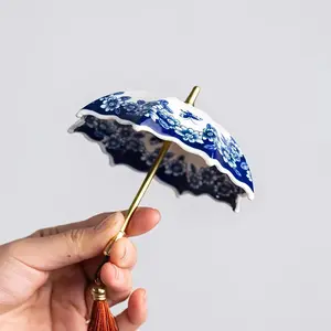 1 mini umbrella shaped tea table decorative ceramic - blue and white tassel umbrella design, compact, suitable for office/home decoration, suitable for Kung Fu tea set filter tea decoration