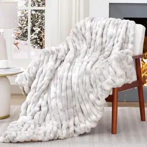 Ruched Faux Fur Throw Blanket, 700 GSM Luxury Dual-Sided Soft Cozy Blanket, Fuzzy Plush Blanket for Bed, Couch and Sofa - 50"x60", Tie-dye Gray
