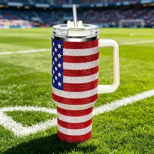 40oz USA Flag Rhinestone Tumbler with Handle & Straw, American Flag Full Bling Studded Insulated Cup, Leakproof Splash Proof Lid Large Capacity Travel Car Mug for Patriotic Gift