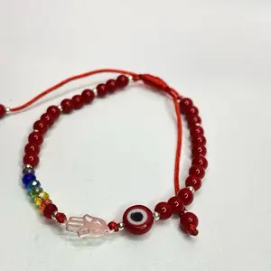 925 Sterling Silver Hamsa + Evil Eye Bracelet | Adjustable Red String Rainbow Beaded Bracelet