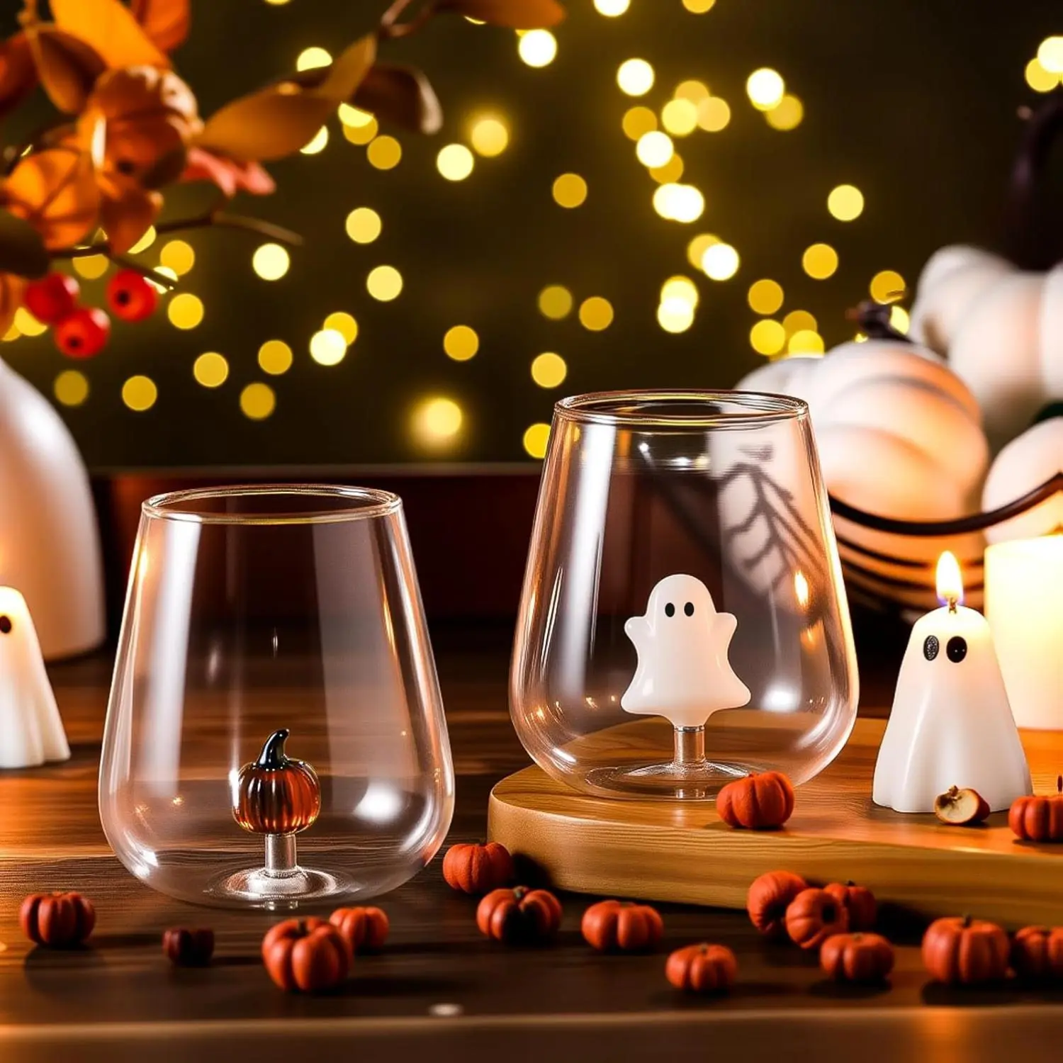 Halloween Stemless Wine Glasses 2 Set 12 oz Clear Glass with 3D Ghost & Pumpkin Designs for Dinner Party Birthday Holiday Decorations 0-500 ml