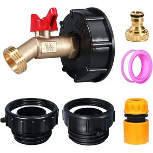 275-330 Gallon IBC Tote Adapter - 3 Sizes with 2.44" Fine, 2" Fine & 2" Coarse Threads, Brass Hose Faucet, 1/2" Male NPT to 3/4" Male GHT, Ideal for Garden Hose Connection