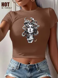 Women's Cropped Crew Neck T-Shirt, Medusa Snake Goddess Print, Multiple Colors Available, Machine Washable, Spring & Summer Top, Soft Skin-Friendly Fabric, Daily Versatile, Fashion Design