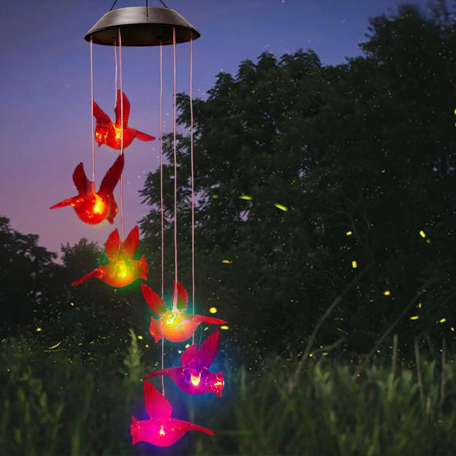 Solar Cardinal Red Bird Wind Chime - Portable Outdoor LED Decor Lamp with 6 Vivid Hummingbirds Mobile, Multi-Color LED Lights, 12.6" Chain Length, 600mAh Ni-MH Rechargeable Battery, Auto On/Off, Water Resistant Eco-Friendly Hanging Decor for Patio, Garden