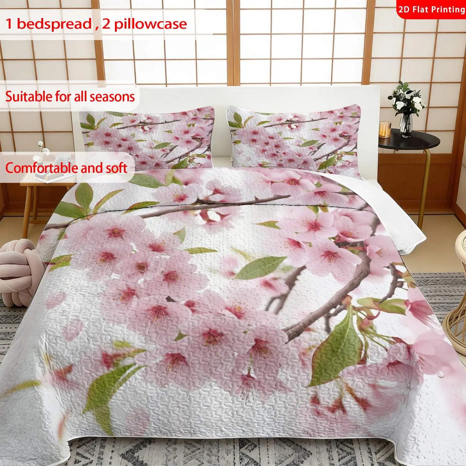 The Perfect Gift! 3Pcs Cherry Blossom Bedspread Set, 1 Bedspread+2 Pillowcases |Multiple Sizes To Choose |  Bedroom Must-Have | Soft & Stylish For All Seasons