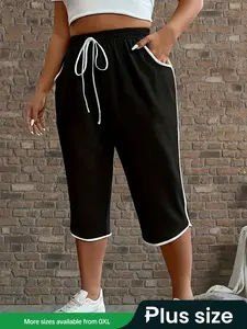 Plus Size Women's Casual Solid Color Seven-Quarter Pants with Side Stripe Design & Pockets, Perfect for All Seasons Wear