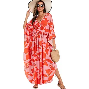 PLUS Size Moss Rose V-Neck Caftan, Soft Viscose Beach Cover-Up, Batwing Sleeves, Chest Knot, Summer, Flowy, African Moroccan Dubai Inspired, Light, Breathable dress Women's