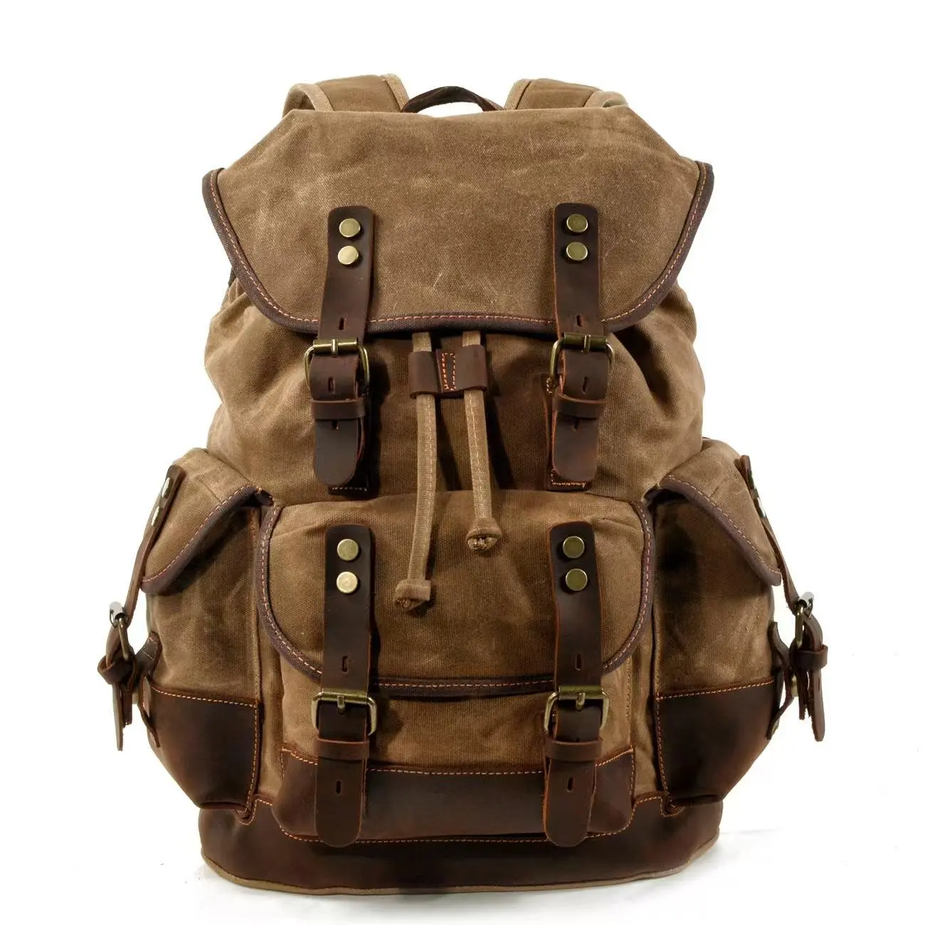 Retro Unisex Backpack in Top-Grain Cowhide Leather and Waxed Canvas, 22L Waterproof for Travel and Work, Fits 15.6-Inch Laptops, Backpacks