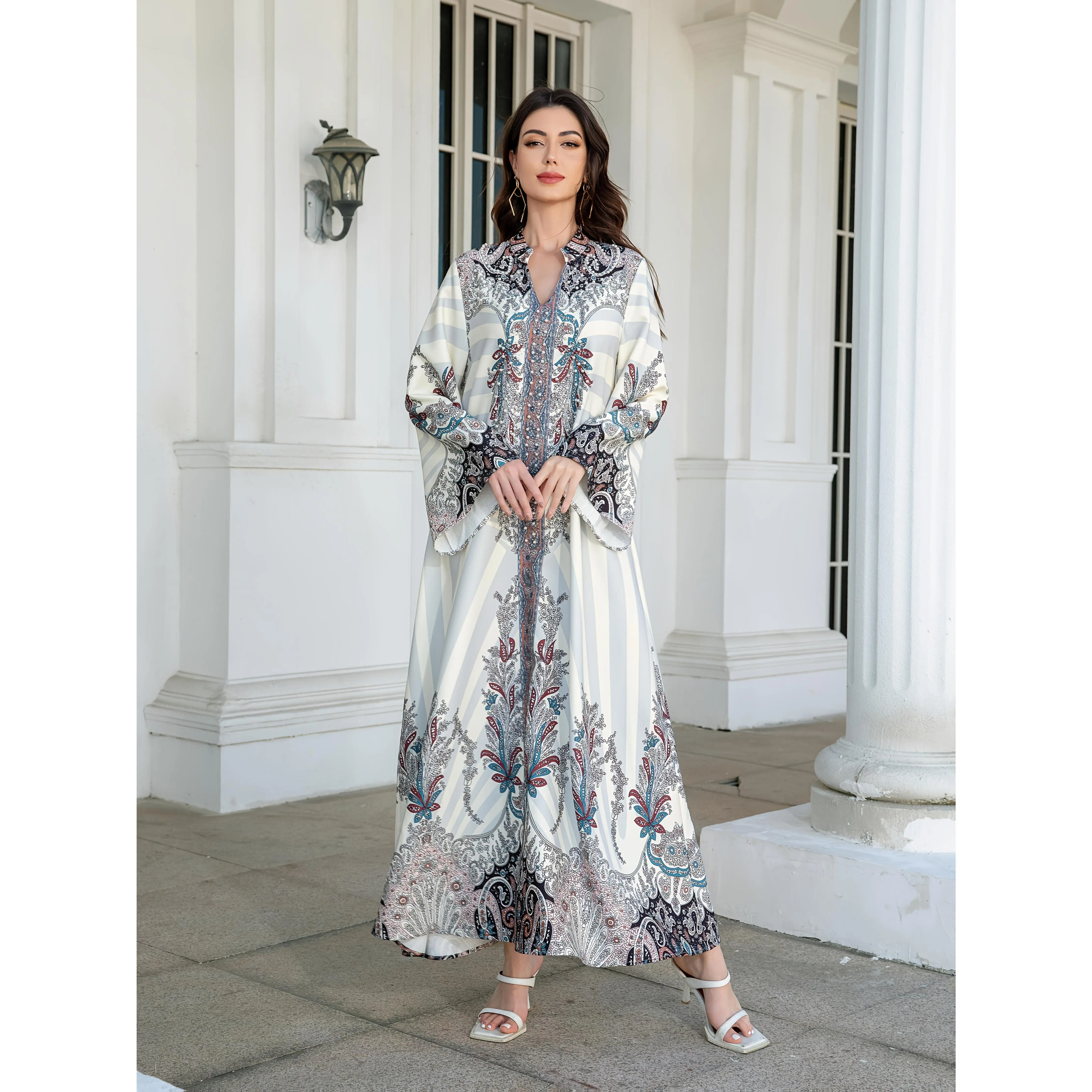Women's Elegant Dubai Muslim Jellabiya Dress - Regular Sleeve, Full Length, Floral Print, 100% Polyester Woven Fabric (185g/m²), Regular Fit, All-Season, Exaggerated Ruffle Detail, No Belt, Modest Islamic Clothing