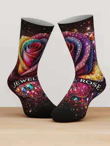 One Pair Luxury Rose Jewelry Graphic Crew Socks, Unisex Bamboo Fiber Funny Socks, Gothic Fashion Design, Perfect for Couples, Stylish Outfit, Unique Gift, TikTok Trending Socks