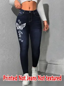 Women's Imitation Denim Skinny Pants, Denim Print Design, Stylish Comfortable Fit for Everyday Wear Leggings Slim