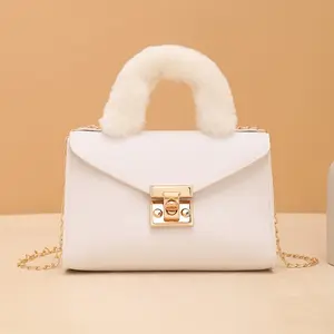 Autumn Winter Soft Plush Faux Fur Handbag with Detachable Chain Strap & Wrist Lock Closure - Small Square Handbag for Daily Shopping, White/Black, Small Handbag, Versatile Fashion Accessory, Goldtone Hardware