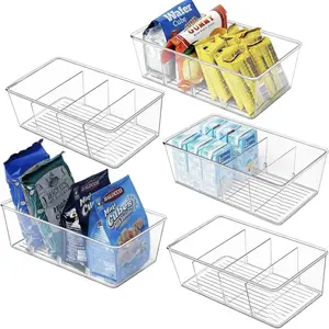 3 Pack Food Storage Organizer Bins, Clear Plastic Bins for Pantry, Kitchen, Fridge, Cabinet Organization and Storage, 4 Compartment Holder Packets, Snacks, Pouches, Spice Packets Boxes Hand