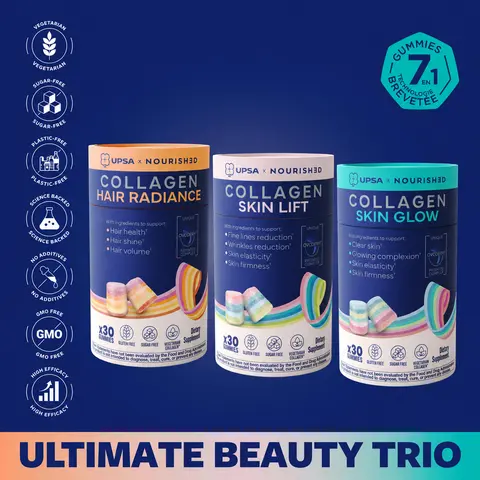 UPSA Gummies Ultimate Beauty Trio - Vegetarian Collagen Gummies with Ovoderm for Glowing, Lifted-Looking Skin & Shiny, Radiant Hair, Science Backed, Sugar-free Collagen Boosting Gummies Vegan Collagen Booster, Collagen for Women