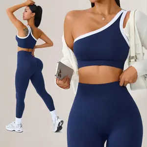 Women's One-Shoulder Yoga & Pilates Fitness Set, Asymmetrical Bra with Beautiful Back Design, High Waist Butt Lifting Long Pants, Color Block Slimming Outfit, Stretchy Outdoor Sports Suit for Fall and Winter