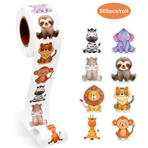 Cartoon Animal Pattern Stickers, 500pcs/roll Cute Self Adhesive Decorative Label Sticker, Sticker Roll for Gift Wrapping, Funny Stickers Pack, Decal Sticker, Decoration Sticker, Sticker Decals, Sticker Packs