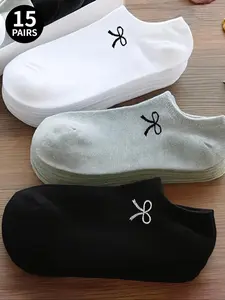 3/15 Double-Pack Women's Bow-Patterned Ankle Socks Set, Athletic Socks, White/Black/Gray Ankle Socks, Invisible Socks, Casual Stylish Socks, Solid Color Minimalist Style, Perfect for Casual Everyday Wear, Valentine's Day Gift
