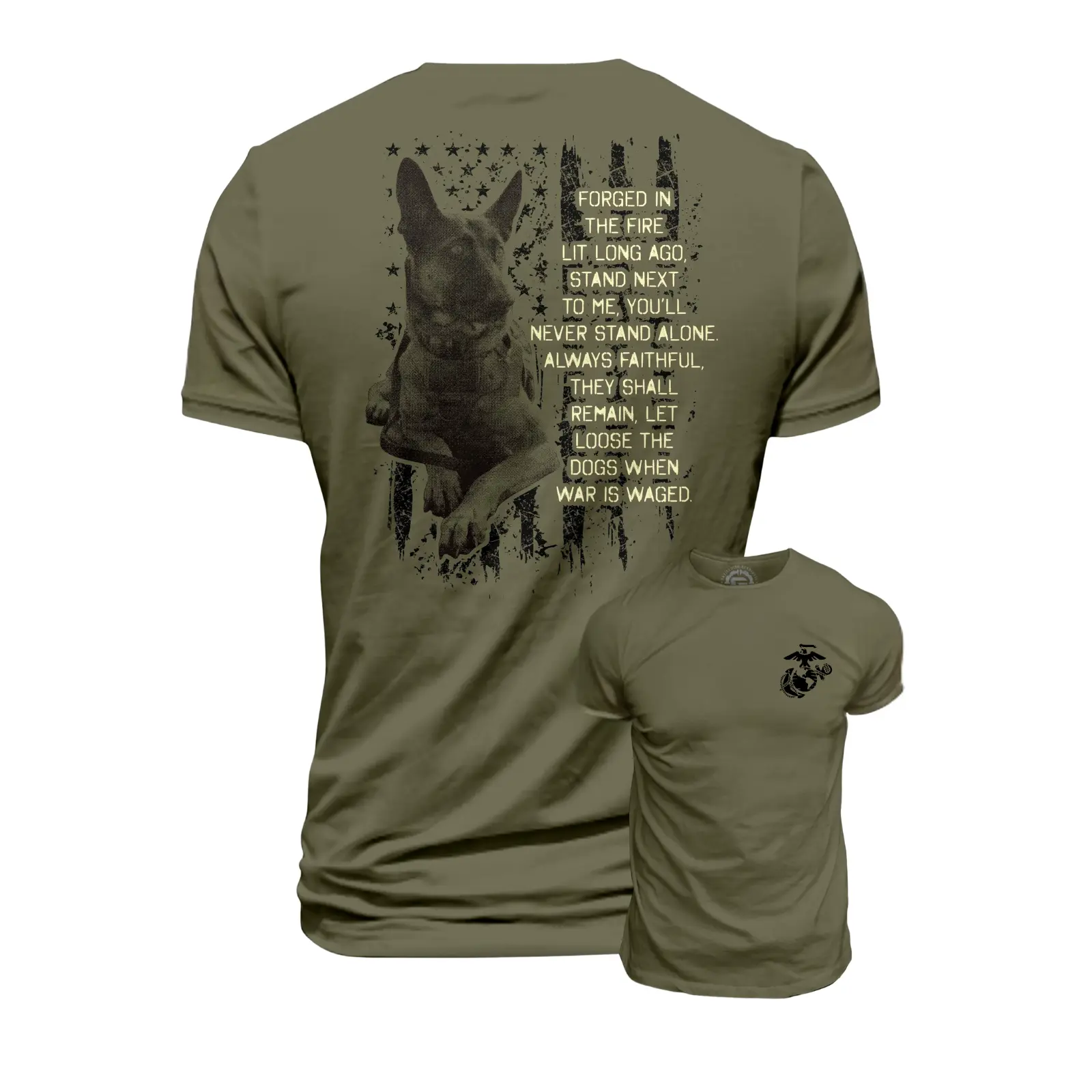 U.S. Marines K9 T-Shirt, Always Faithful Military Working Dog Design 2 Sides, Forged In The Fire Tribute Tee for Veterans, Dog Handlers and American Patriots for Men & Women