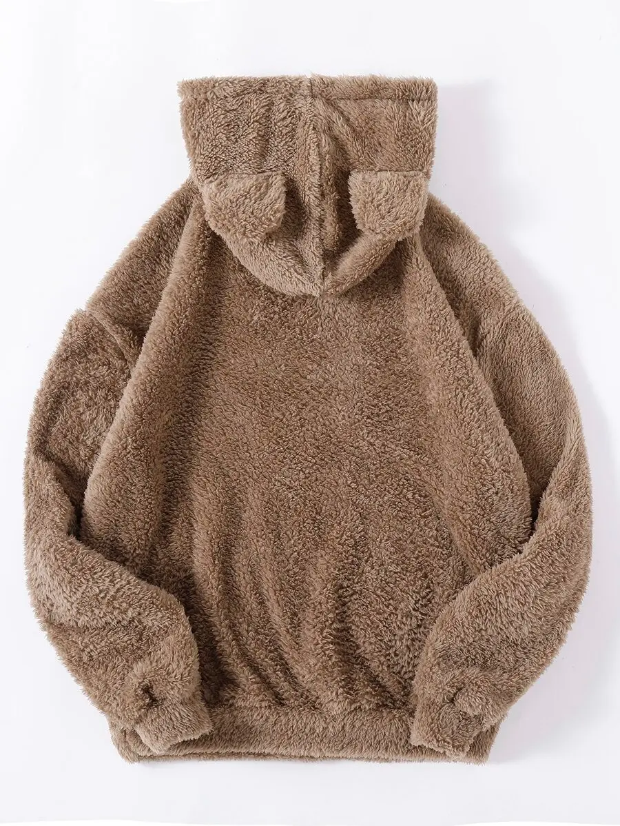 Lunelith SHEIN Lunessa Drop Shoulder 3D Ear Teddy Hoodie,Long Sleeve Tops Graduation,Back To School Outfits,Graduation,Teacher Outfits For Women,Back To School Pullover Fall Outfit